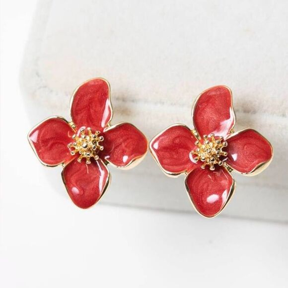 Red flower earrings M842 - Picture 1 of 4